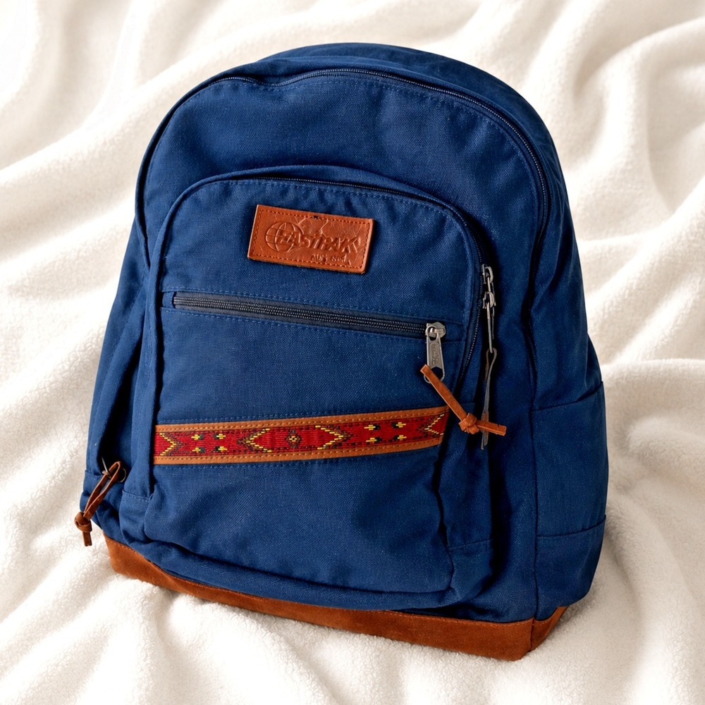 Vintage 90s Eastpak Suede Leather Bottom Blue Aztec Made In USA School Hiking